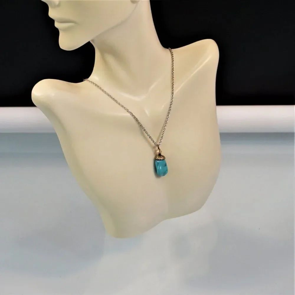 Delicate Blue Pendant Necklace Simulated Turquoise Stone Silver Tone Chain